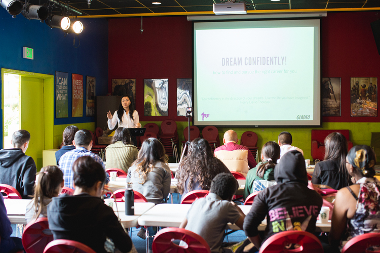 Michelle Cho speaking to kids at Connect Lincoln Heights, a youth organization in East Los Angeles, in May of 2015.